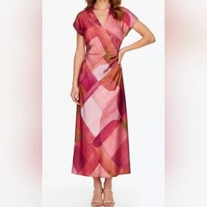 ZARA Geometric Print Short-Sleeve Satin Midi, Collared Surplice Neck, Pink, XS